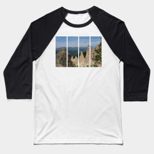 The incredible earth pyramids of Collepietra (Piramidi di Terra) in the Dolomites. Striking place. Italian Alps. Sunny spring day with no people. Valley in the background. Trentino Alto Adige. Baseball T-Shirt